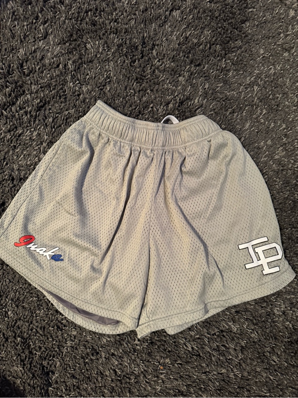 Inaka Mesh Shorts Gray Mesh Athletic Shorts with Script and Patch Logos